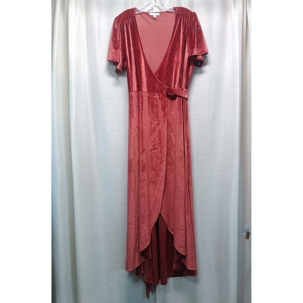 Baltic Born Katelyn Velvet Glitter Maxi Dress Short Sleeve V-Neck Formal Wrap L